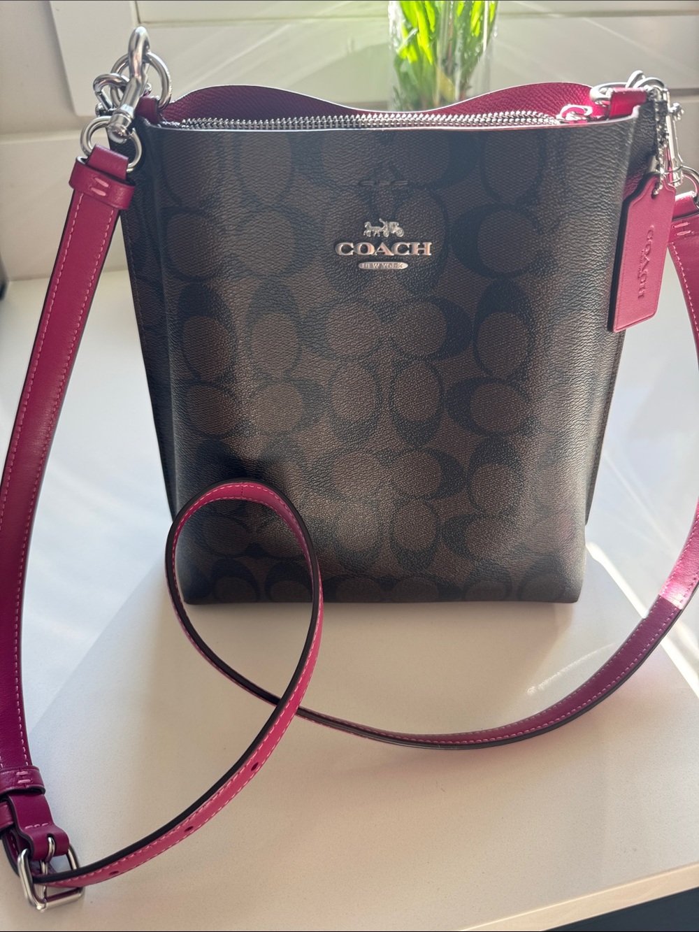 COACH Mollie monogram Bucket bag 22 in signature brown canvas with berry trim